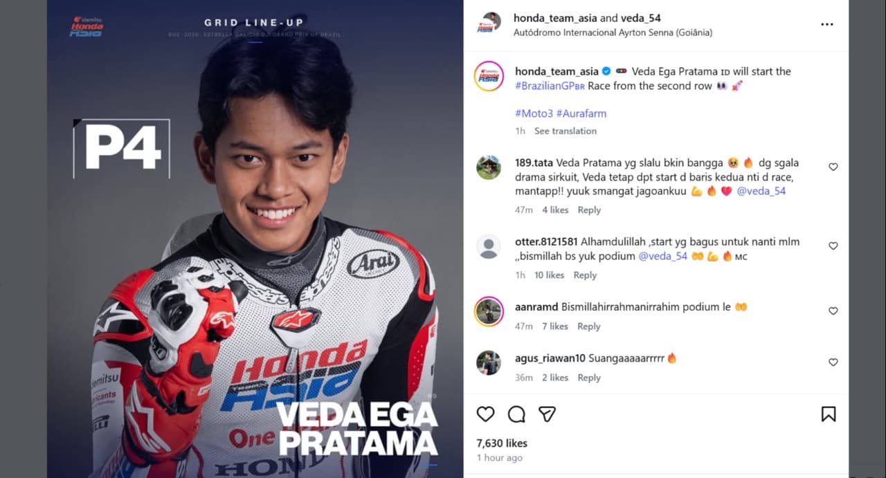 Dukungan Netizen Banjiri Instagram Veda Ega Pratama Jelang Moto3 GP Brasil